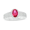 Thumbnail Image 1 of Oval Lab-Created Ruby and White Lab-Created Sapphire Frame Triple Row Ring in Sterling Silver