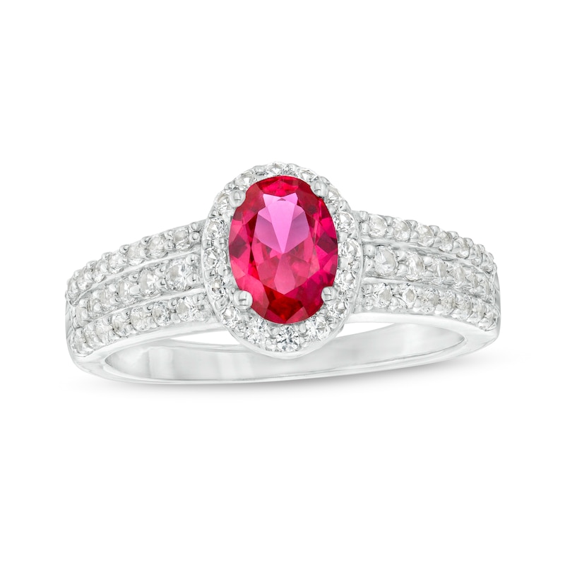 Main Image 1 of Oval Lab-Created Ruby and White Lab-Created Sapphire Frame Triple Row Ring in Sterling Silver