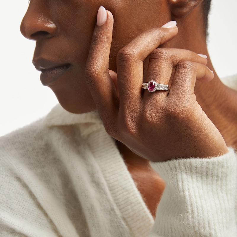 Main Image 2 of Oval Lab-Created Ruby and White Lab-Created Sapphire Frame Triple Row Ring in Sterling Silver