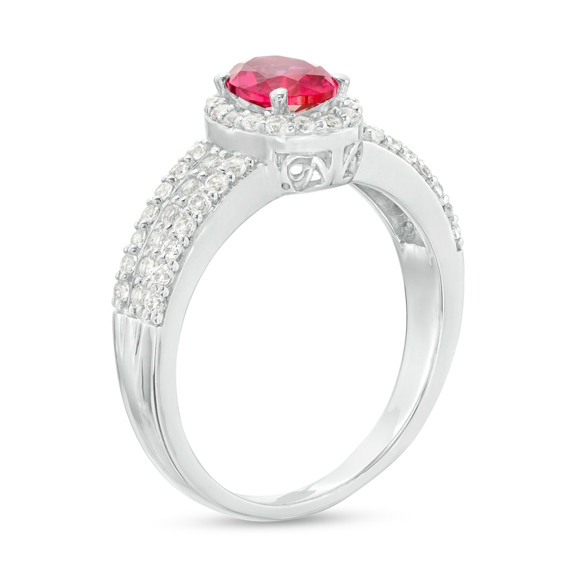 Main Image 3 of Oval Lab-Created Ruby and White Lab-Created Sapphire Frame Triple Row Ring in Sterling Silver