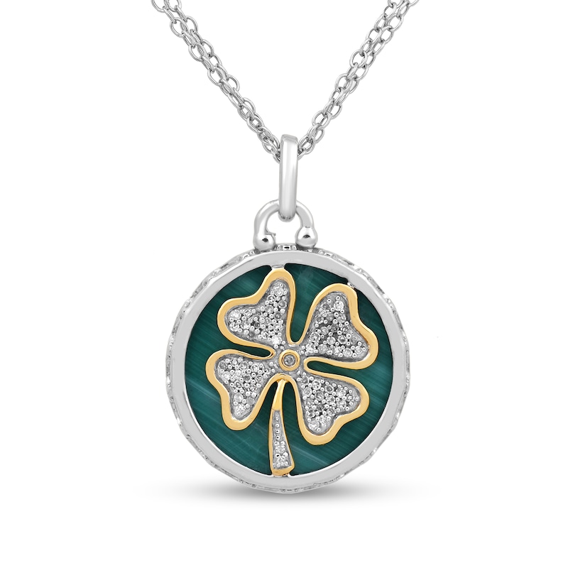 16.0mm Malachite and 1/10 CT. T.W. Diamond Shamrock Overlay Disc Pendant in Sterling Silver and 14K Gold