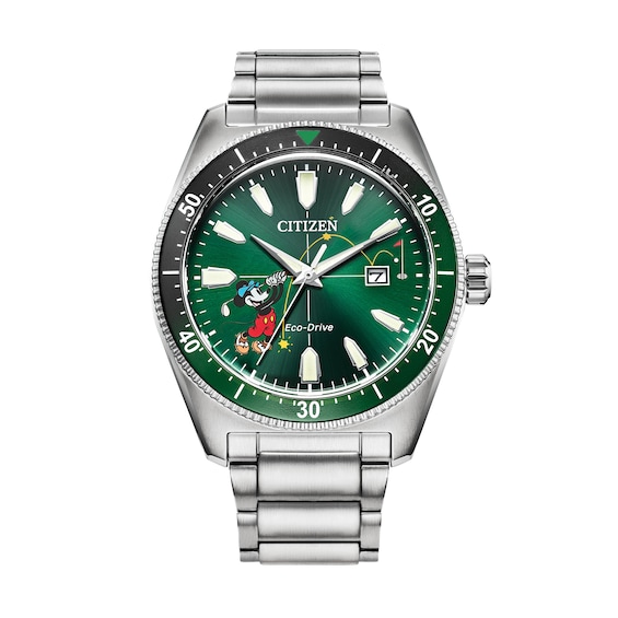 Men's Citizen Eco-DriveÂ® Mickey Mouse & Friends Tee Time Watch with Green Dial (Model: AW1595-78W)