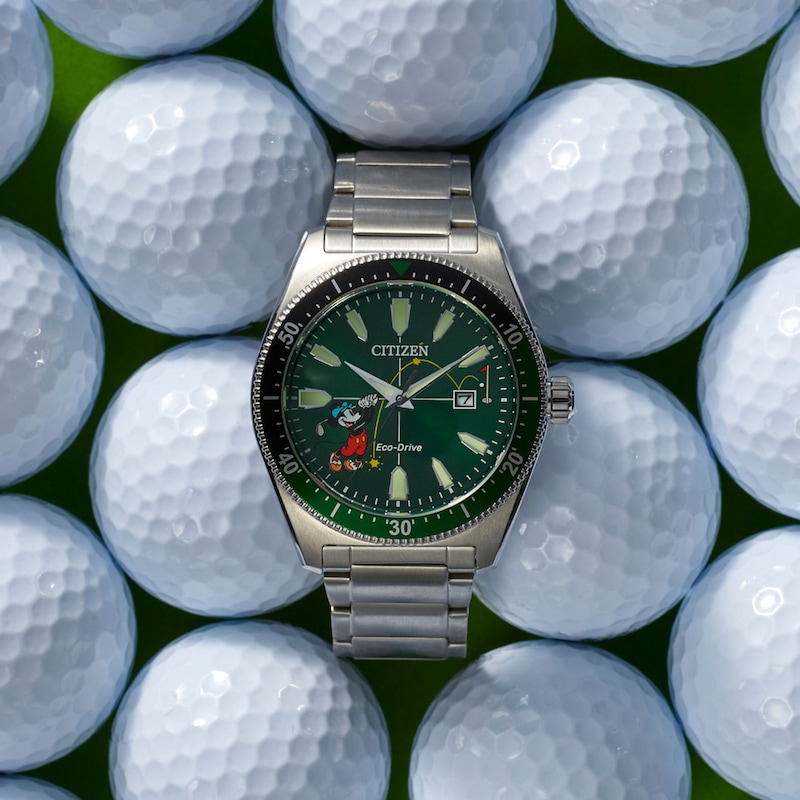 Main Image 3 of Men's Citizen Eco-Drive® Mickey Mouse & Friends Tee Time Watch with Green Dial (Model: AW1595-78W)