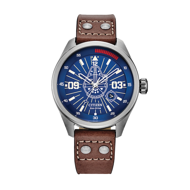 Main Image 1 of Men's Citizen Eco-Drive® Star Wars™ Han Solo™ Brown Leather Strap Watch with Blue Dial (Model: AW5009-03W)