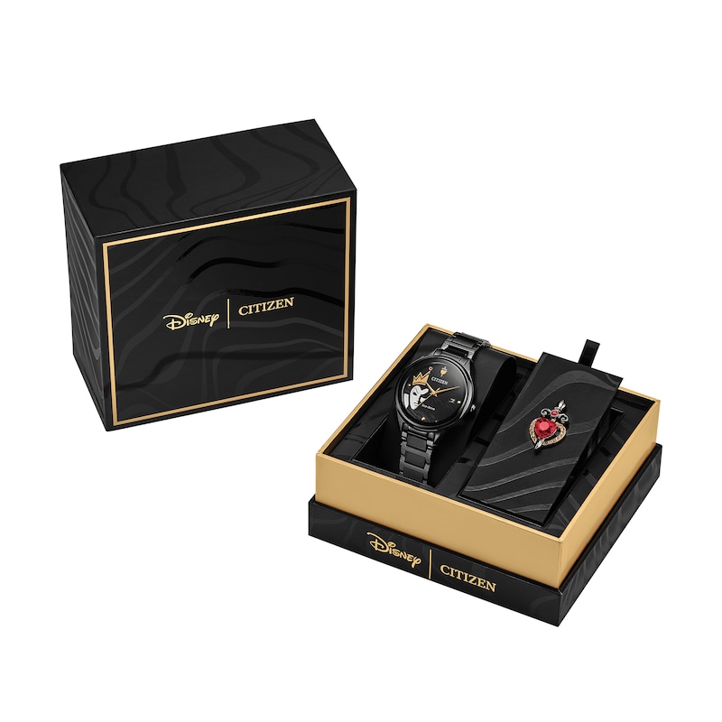 Ladies' Citizen Eco-Drive® Villains Evil Queen Black Strap Watch and Box Set (Model: FE6107-68W)