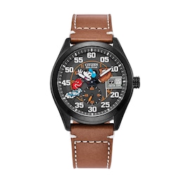 Men's Citizen Eco-Drive® Mickey Mouse & Friends Baseball Brown Leather Strap Watch (Model: BV1089-05W)