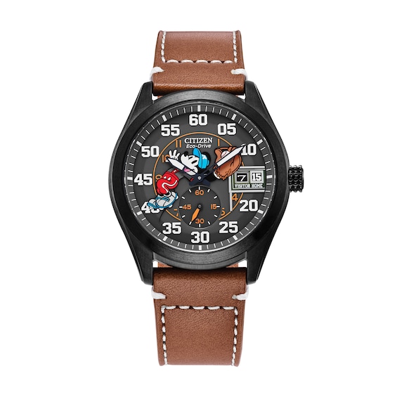 Men's Citizen Eco-DriveÂ®Â Mickey Mouse & Friends Baseball Brown Leather Strap Watch (Model:Â BV1089-05W)