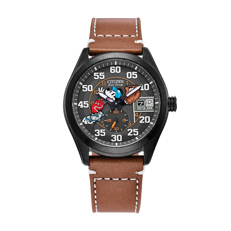 Main Image 1 of Men's Citizen Eco-Drive® Mickey Mouse & Friends Baseball Brown Leather Strap Watch (Model: BV1089-05W)