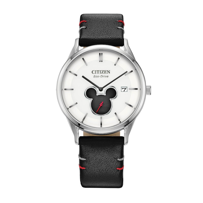 Main Image 1 of Citizen Eco-Drive® Mickey Mouse & Friends Shadow Black Leather Strap Watch with White Dial (Model: BV1130-03W)