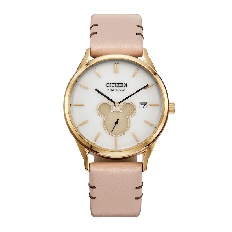 Main Image 1 of Citizen Eco-Drive® Mickey Mouse & Friends Shadow Gold-Tone Pink Leather Strap Watch (Model: BV1132-08W)