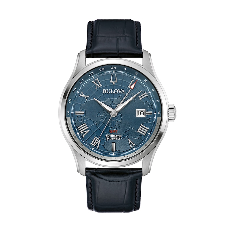 Main Image 1 of Men's Bulova Classic Wilton Automatic Black Leather Strap Watch with Blue Dial (Model: 96B385)