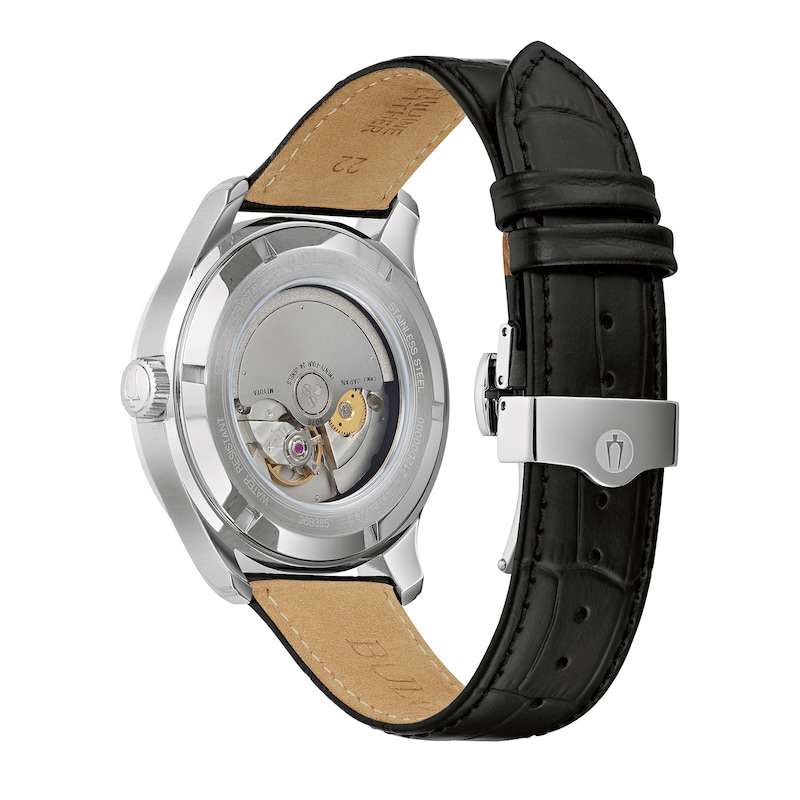 Main Image 4 of Men's Bulova Classic Wilton Automatic Black Leather Strap Watch with Blue Dial (Model: 96B385)