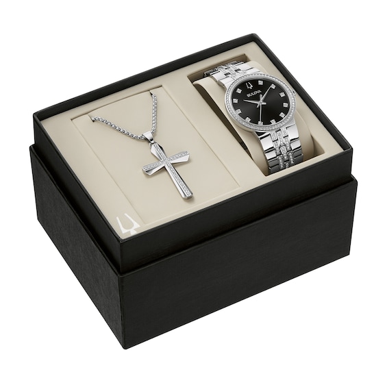 Men's Bulova Crystal Watch With Black Dial And Cross Pendant Box Set (Model:Â 96K110) - 24