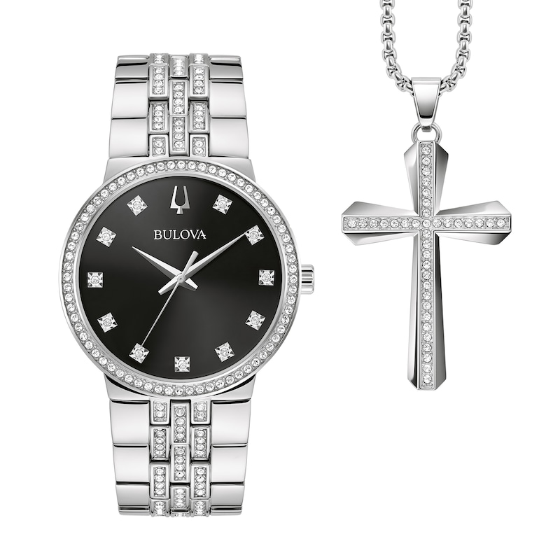 Men's Bulova Crystal Watch with Black Dial and Cross Pendant Box Set (Model: 96K110) - 24"