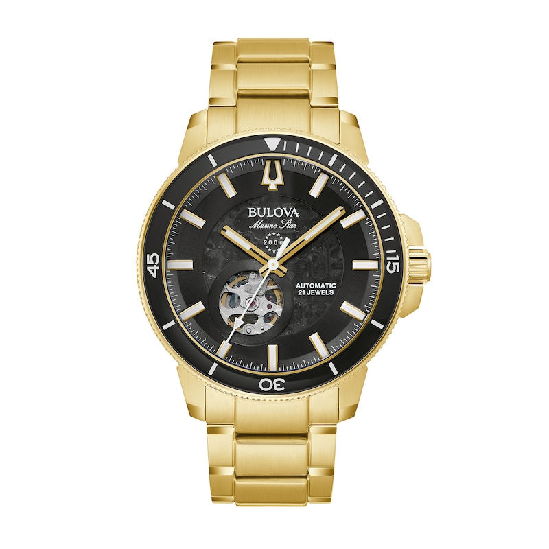 Main Image 1 of Men's Bulova Marine Star Gold-Tone Automatic Watch with Black Skeleton Dial (Model: 97A174)