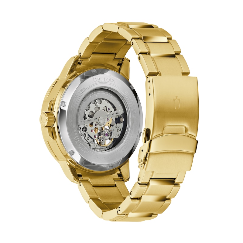 Main Image 3 of Men's Bulova Marine Star Gold-Tone Automatic Watch with Black Skeleton Dial (Model: 97A174)