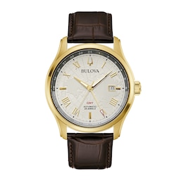 Men's Bulova Classic Wilton Gold-Tone Automatic Brown Leather Strap Watch with Silver-Tone Dial (Model: 97B210)