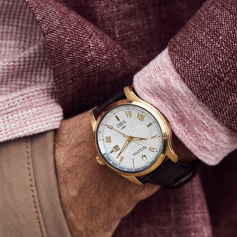 Main Image 2 of Men's Bulova Classic Wilton Gold-Tone Automatic Brown Leather Strap Watch with Silver-Tone Dial (Model: 97B210)