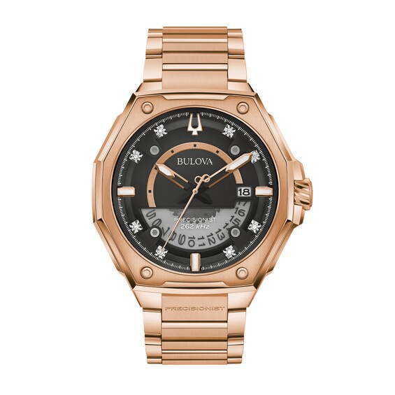 bulova men's black and rose gold precisionist watch