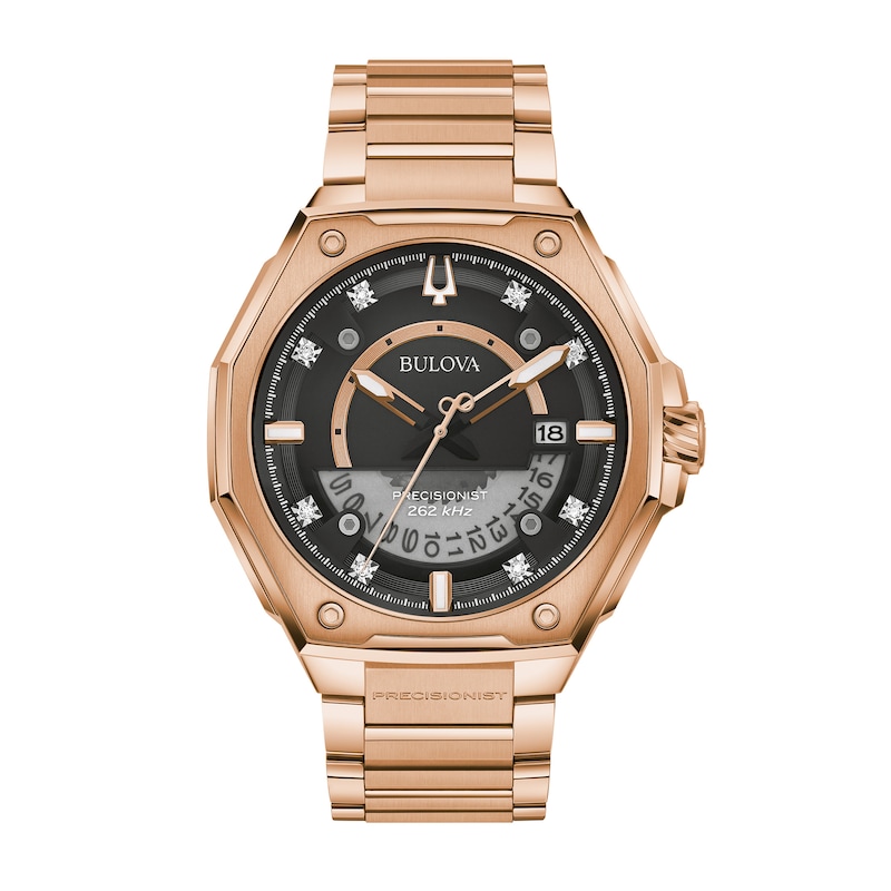 Men's Bulova Precisionist X Diamond Accent Rose-Tone Watch with Black Dial (Model: 97D129)