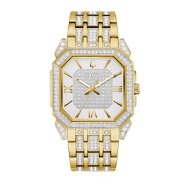 Men's Bulova Octava Crystal Gold-Tone Watch with Octagonal Silver-Tone Dial (Model: 98A295)