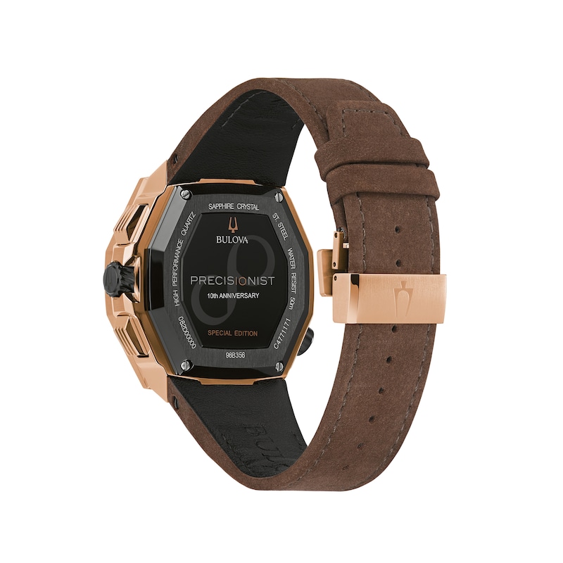 Main Image 3 of Men's Bulova Precisionist X Rose-Tone Chronograph Brown Leather Strap Watch with Black Dial (Model: 98B356)