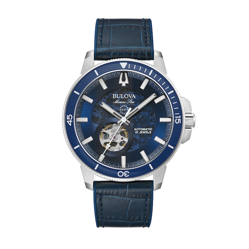 Main Image 1 of Men's Bulova Marine Star Automatic Blue Leather Strap Watch with Blue Skeleton Dial (Model: 96A291)
