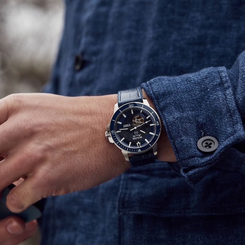 Main Image 2 of Men's Bulova Marine Star Automatic Blue Leather Strap Watch with Blue Skeleton Dial (Model: 96A291)