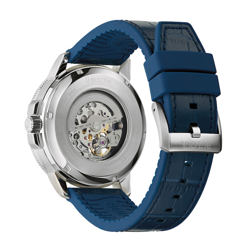 Main Image 4 of Men's Bulova Marine Star Automatic Blue Leather Strap Watch with Blue Skeleton Dial (Model: 96A291)