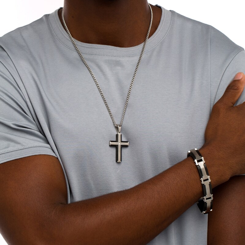 Main Image 2 of Diamond Accent Industrial Dog Tag and Cross Pendant with Link Bracelet Set in Stainless Steel and Black Ion-Plate