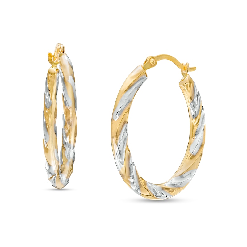 Main Image 1 of Textured Twist Hoop Earrings in 14K Two-Tone Gold