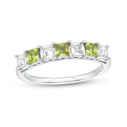 3.0mm Princess-Cut Peridot and White Lab-Created Sapphire Alternating Seven Stone Band in Sterling Silver