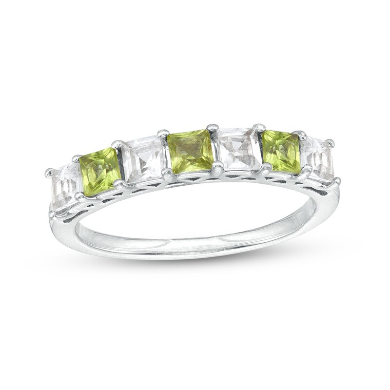 Main Image 1 of 3.0mm Princess-Cut Peridot and White Lab-Created Sapphire Alternating Seven Stone Band in Sterling Silver