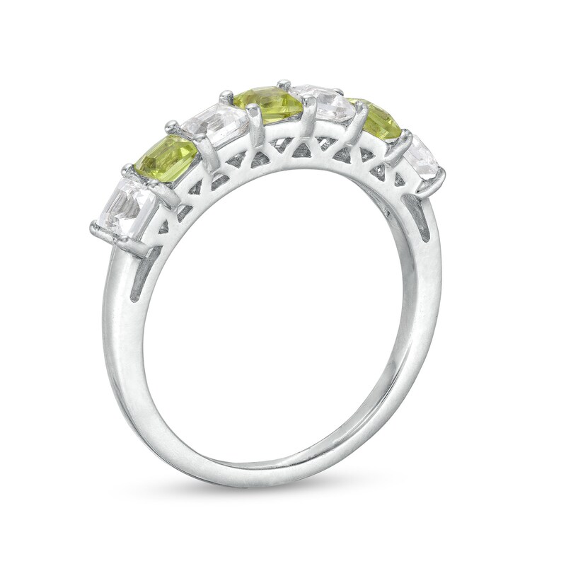 Main Image 3 of 3.0mm Princess-Cut Peridot and White Lab-Created Sapphire Alternating Seven Stone Band in Sterling Silver