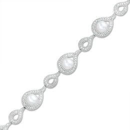 5.0mm Cultured Freshwater Pearl and Diamond Accent Alternating Pear-Shaped Bracelet in Sterling Silver – 7.25&quot;