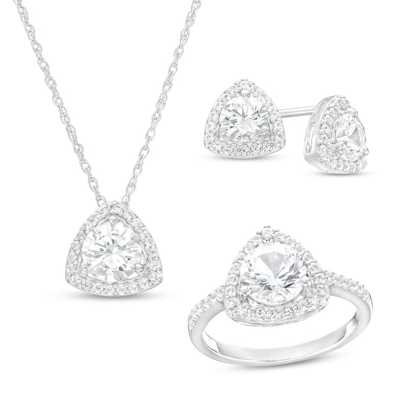 Main Image 1 of White Lab-Created Sapphire Trillion Frame Pendant, Ring and Stud Earrings Set in Sterling Silver - Size 7
