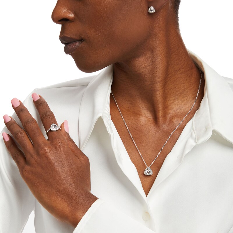 Main Image 2 of White Lab-Created Sapphire Trillion Frame Pendant, Ring and Stud Earrings Set in Sterling Silver - Size 7