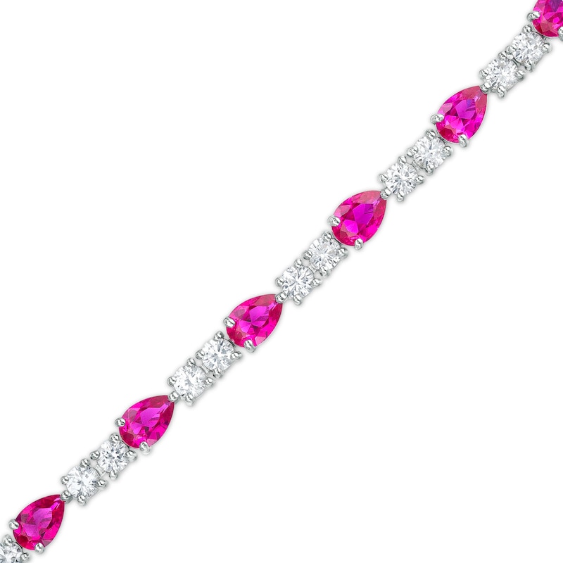 Main Image 1 of Pear-Shaped Lab-Created Ruby and White Lab-Created Sapphire Line Bracelet in Sterling Silver – 7.25"