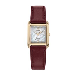 Ladies' Citizen Eco-Drive® Bianca Gold-Tone Red Leather Strap Watch with Square Mother-of-Pearl Dial (Model: EW5593-05D)