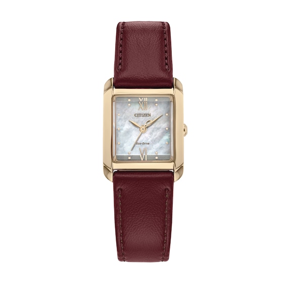 Ladies' Citizen Eco-DriveÂ® Bianca Gold-Tone Red Leather Strap Watch with Square Mother-of-Pearl Dial (Model: EW5593-05D)