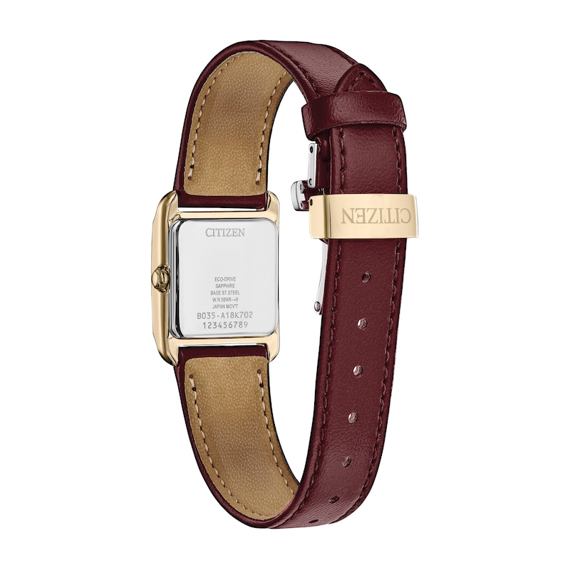 Main Image 2 of Ladies' Citizen Eco-Drive® Bianca Gold-Tone Red Leather Strap Watch with Square Mother-of-Pearl Dial (Model: EW5593-05D)