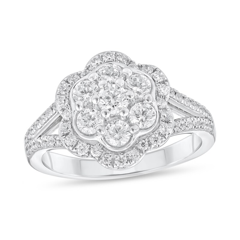Main Image 1 of 1 CT. T.W. Multi-Diamond Frame Split Shank Flower Ring in 10K White Gold