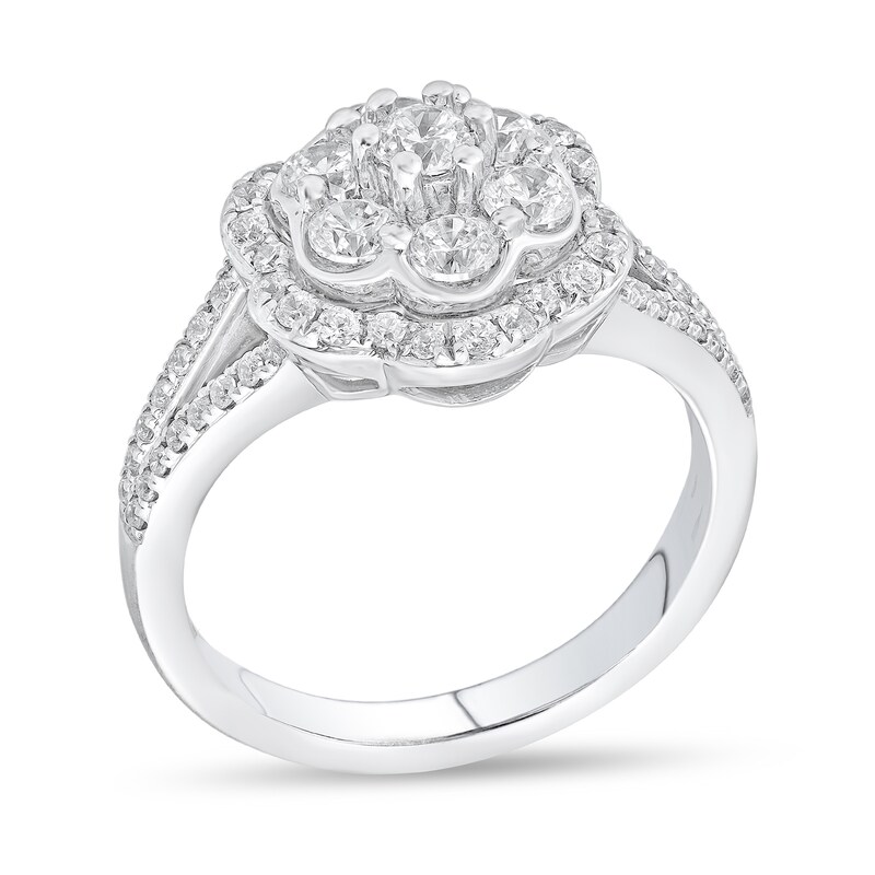 Main Image 2 of 1 CT. T.W. Multi-Diamond Frame Split Shank Flower Ring in 10K White Gold