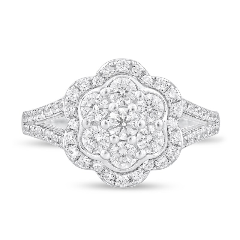 Main Image 3 of 1 CT. T.W. Multi-Diamond Frame Split Shank Flower Ring in 10K White Gold