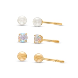 Child's 3.0mm Freshwater Cultured Pearl, Iridescent Cubic Zirconia and Ball Three Pair Stud Earrings Set in 14K Gold