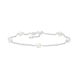 Cultured Freshwater Pearl and White Lab-Created Sapphire Alternating Station Sliding Anklet in Sterling Silver - 10&quot;