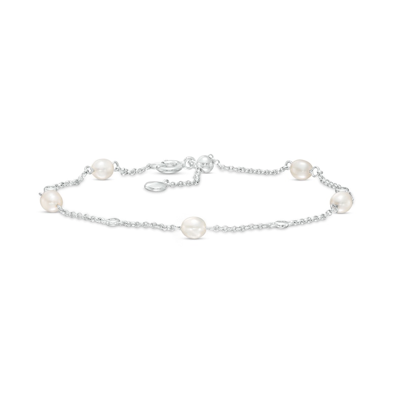 Main Image 1 of Freshwater Cultured Pearl and White Lab-Created Sapphire Alternating Station Sliding Anklet in Sterling Silver-10"