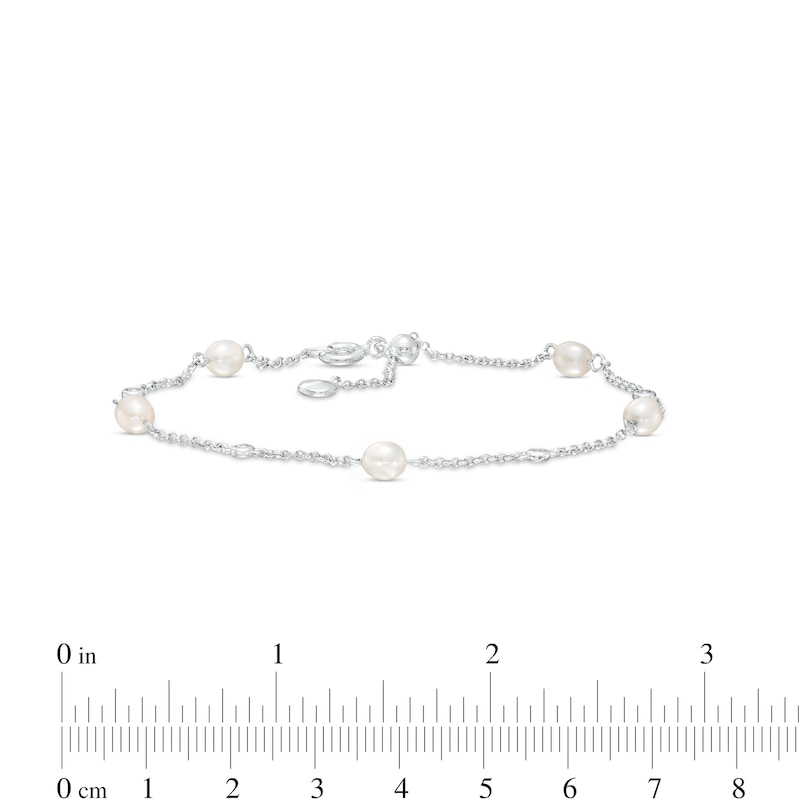Main Image 3 of Freshwater Cultured Pearl and White Lab-Created Sapphire Alternating Station Sliding Anklet in Sterling Silver-10"