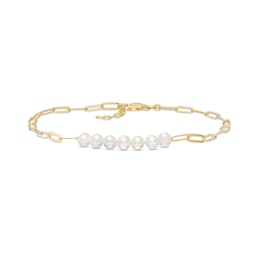 5.5-6.0mm Freshwater Cultured Pearl Seven Stone Paper Clip Anklet in Sterling Silver with 18K Gold Plate-10"