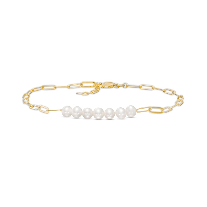Main Image 1 of 5.5-6.0mm Freshwater Cultured Pearl Seven Stone Paper Clip Anklet in Sterling Silver with 18K Gold Plate-10"